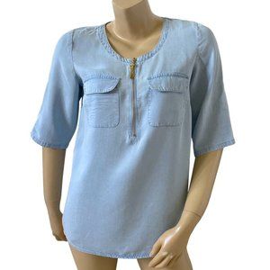 ELLEN TRACY Womens Size Small Convertible Half Zip Short Sleeve Chambray Shirt
